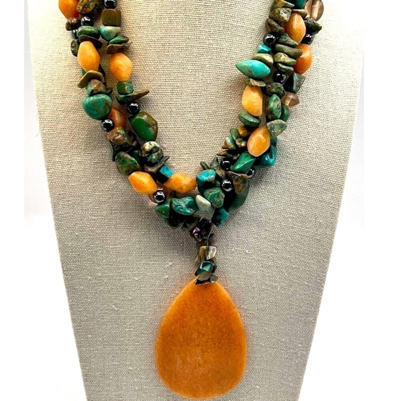 Vintage Multi-Strand Gemstone Necklace With Large Peach Jade Pendant - Picture 1 of 10